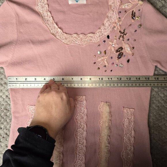 VINTAGE Saint André Italy Pink Wool Blend Sweater Lace Faux Fur Beads Sequin S/M - Picture 5 of 8